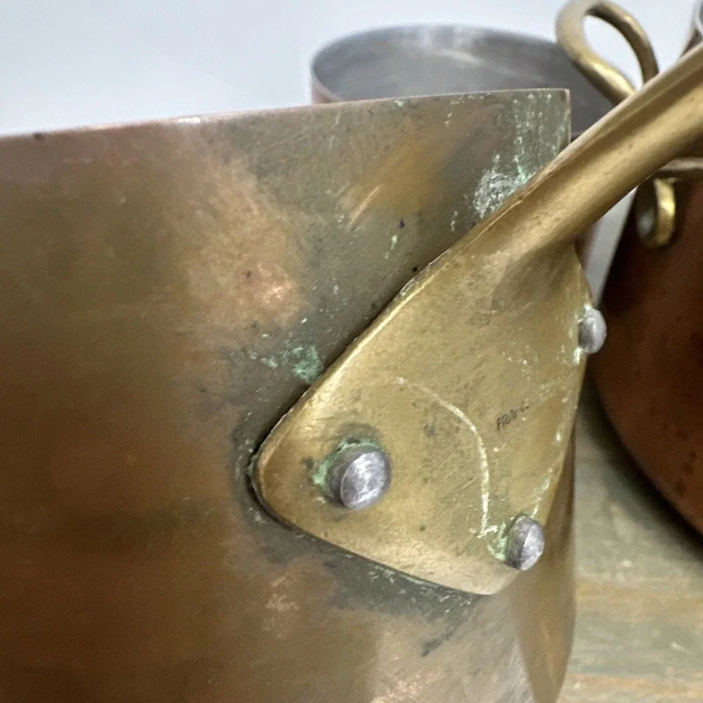 Vintage 4 Pc Set Graduating Copper Pot Brass Handles Tin Lined Made In France